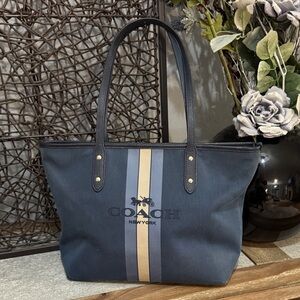 Coach Navy and Tan  Horse & Carriage Stripe Tote